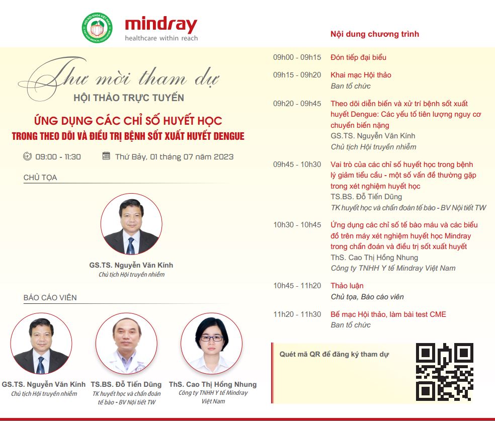 Mời tham dự hội thảo "Ứng dụng các chỉ số huyết học trong theo dõi và điều trị sốt xuất huyết Dangue" do Hội nội khoa Việt Nam phối hợp với hãng Mindray tổ chức